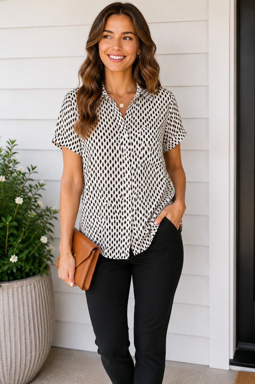 Elodie Anthropologie Black White Geometric Print Button Front Blouse M